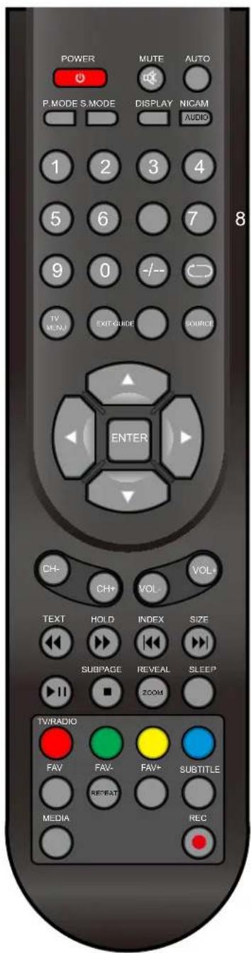 POWER MUTE AUTO P.MODE S.MODE DISPLAY NICAM AUDIO 1 2 3 4 5 6 7 9 0 -/-- TV MENU EXIT GUIDE SOURCE ENTER CH- CH+ VOL- VOL+ TEXT HOLD INDEX SIZE SUBPAGE REVEAL SLEEP ZOOM TV/RADIO FAV FAV- FAV+ SUBTITLE REPEAT MEDIA REC