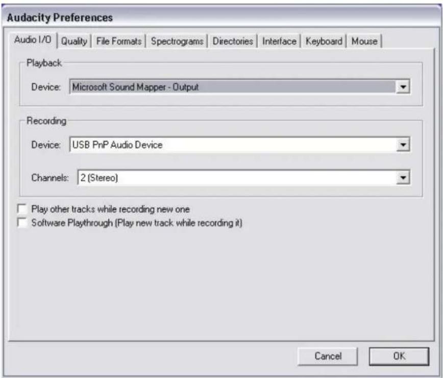 Audacity Preferences Audio I/O | Quality | File Formats | Spectrograms | Directories | Interface | Keyboard | Mouse | Playback Device: Microsoft Sound Mapper - Output Recording Device: USB PnP Audio Device Channels: 2 (Stereo) Play other tracks while recording new one Software Playthrough (Play new track while recording it) Cancel OK