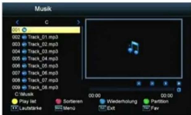 Musik 001 ... 002 Track_01.mp3 003 Track_02.mp3 004 Track_03.mp3 005 Track_04.mp3 006 Track_05.mp3 007 Track_06.mp3 008 Track_07.mp3 009 Track_08.mp3 C:\Music Play list Sortieren Wiederholung Partition Lautstärke Menü Exit Fav