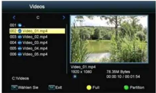 Videos 001 002 Video_01.mp4 003 Video_02.mp4 004 Video_03.mp4 005 Video_04.mp4 006 Video_05.mp4 C:\Videos Video_01.mp4 1920 x 1080 78.35M Bytes 00:00:10 / 00:01:54 Wahlen Sie Exit Full Partition
