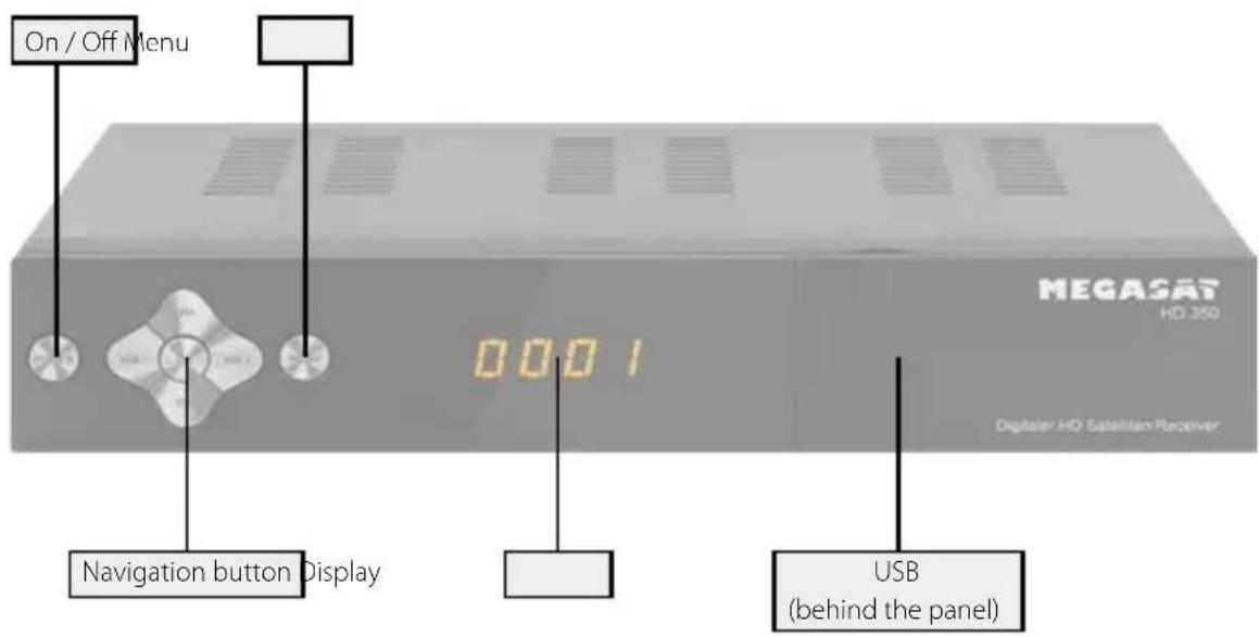 On / Off Menu MEGASAT HD 350 Digital HD Satellite Receiver 0001 Navigation button Display USB (behind the panel)