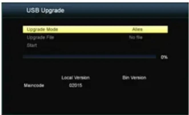 USB Upgrade Upgrade Mode Alles Upgrade File No file Start 0% Local Version Bin Version Maincode 02015