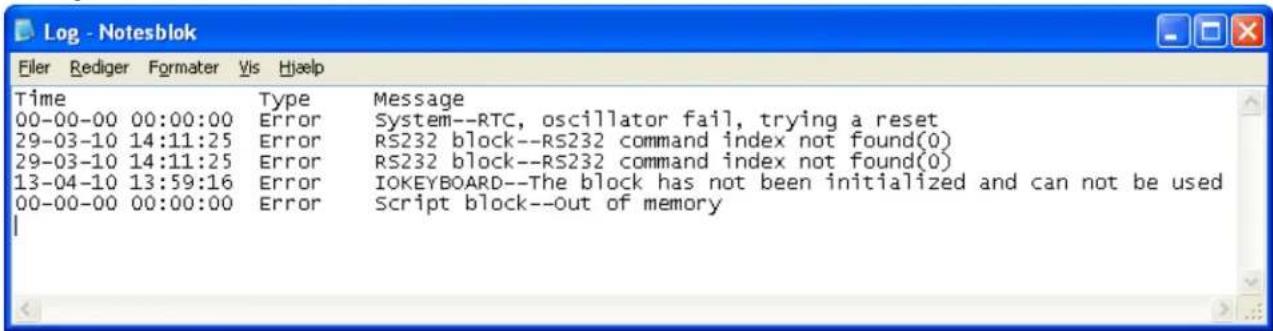 Log - Notesblok Eiler Rediger Formater Vis Hjaep Time Type Message 00-00-00 00:00:00 Error System--RTC, oscillator fail, trying a reset 29-03-10 14:11:25 Error RS232 block--RS232 command index not found(0) 29-03-10 14:11:25 Error RS232 block--RS232 command index not found(0) 13-04-10 13:59:16 Error IOKEYBOARD--The block has not been initialized and can not be used 00-00-00 00:00:00 Error Script block--out of memory