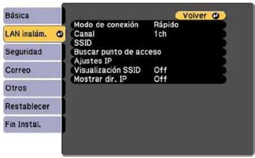 Básica LAN inalám. Seguridad Correo Otros Restablecer Fin Instal. Volver Modo de conexión Rápido Canal 1ch SSID Buscar punto de acceso Ajustes IP Visualización SSID Off Mostrar dir. IP Off