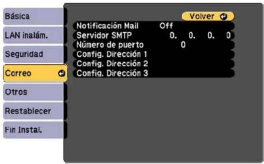 Básica LAN inalám. Seguridad Correo Otros Restablecer Fin Instal. Notificación Mail Off Servidor SMTP 0. 0. 0. 0 Número de puerto 0 Config. Dirección 1 Config. Dirección 2 Config. Dirección 3 Volver