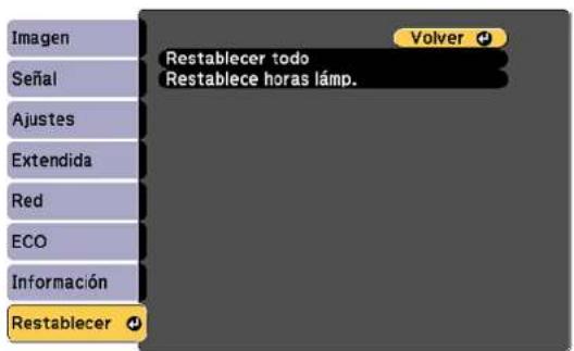 Imagen Señal Ajustes Extendida Red ECO Información Restablecer todo Restablece horas lámp. Volver