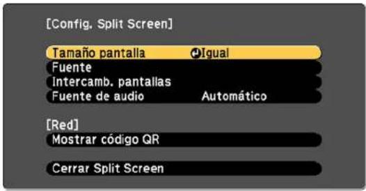 [Config. Split Screen] Tamaño pantalla Fueente Intercamb. pantallas Fuente de audio Igual Automático [Red] Mostrar código QR Cerrar Split Screen