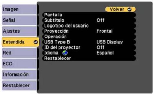 Imagen Señal Ajustes Extendida Red ECO Información Restablecer Volver Pantalla Subtítulo Logotipo del usuario Proyección Operación USB Type B ID del proyector Idioma Restablecer Off Frontal USB Display Off Español