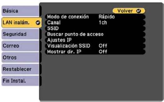 Básica LAN inalám. Seguridad Correo Otros Restablecer Fin Instal. Modo de conexión Rápido Canal 1ch SSID Buscar punto de acceso Ajustes IP Visualización SSID Off Mostrar dir. IP Off
