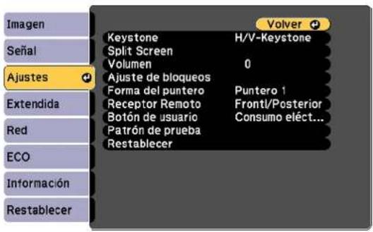 Imagen Señal Ajustes Extendida Red ECO Información Restablecer Keystone Split Screen Volumen Ajuste de bloqueos Forma del puntero Receptor Remoto Botón de usuario Patrón de prueba Restablecer Volver H/V-Keystone 0 Puntero 1 Frontl/Posterior Consumo eléct...