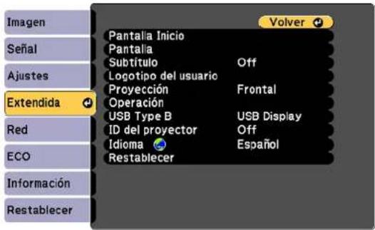 Imagen Señal Ajustes Extendida Red ECO Información Restablecer Pantalla Inicio Pantalla Subtítulo Off Logotipo del usuario Proyección Frontal Operación USB Type B USB Display ID del proyector Off Idioma Espanol Restablecer Volver