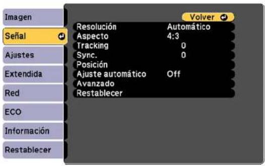 Imagen Señal Ajustes Extendida Red ECO Información Restablecer Resolución Aspecto Tracking Sync. Posición Ajuste automático Avanzado Restablecer Volver Automático 4:3 0 0 Off