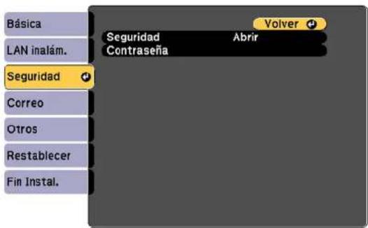 Básica LAN inalám. Seguridad Correo Otros Restablecer Fin Instal. Seguridad Abrir Contraseña Volver