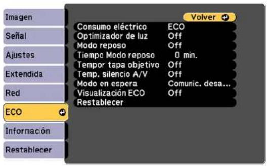 Imagen Señal Ajustes Extendida Red ECO Información Restablecer Volver Consumo eléctrico ECO Optimizador de luz Off Modo reposo Off Tiempo Modo reposo 0 min. Tempor tapa objetivo Off Temp. silencio A/V Off Modo en espera Comunic. desa... Visualización ECO Off Restablecer
