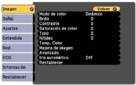 Imagen Señal Ajustes Extendida Red ECO Información Restablecer Modo de color Dinámico Brillo 0 Contraste 0 Saturación de color 0 Tono 0 Nitidez 0 Temp. Color Mejora de imagen Avanzado Iris automático Off Restablecer Volver