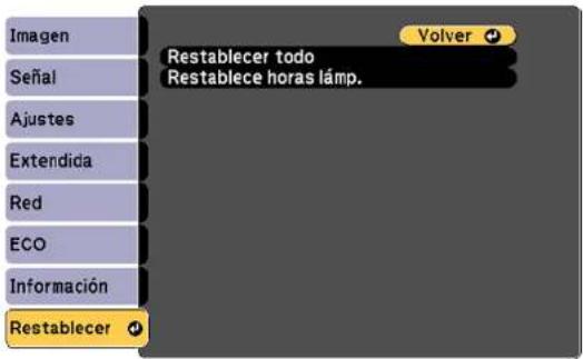 Imagen Señal Ajustes Extendida Red ECO Información Restablecer todo Restablece horas lámp. Volver