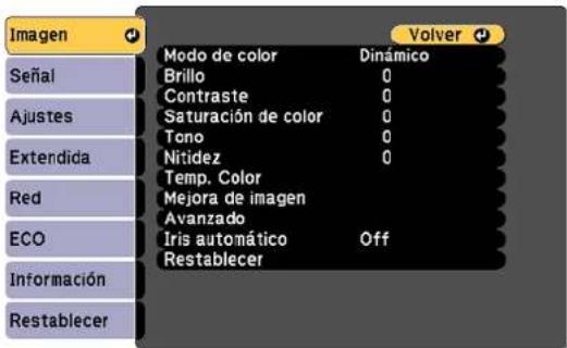 Imagen Señal Ajustes Extendida Red ECO Información Restablecer Modo de color Dinámico Brillo 0 Contraste 0 Saturación de color 0 Tono 0 Nitidez 0 Temp. Color Mejora de imagen Avanzado Iris automático Off Restablecer Volver