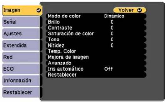 Imagen Señal Ajustes Extendida Red ECO Información Restablecer Modo de color Dinámico Brillo 0 Contraste 0 Saturación de color 0 Tono 0 Nitidez 0 Temp. Color Mejora de imagen Avanzado Iris automático Off Restablecer Volver