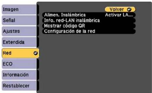 Imagen Señal Ajustes Extendida Red ECO Información Restablecer Alimen. Inalámbrica Info. red-LAN inalámbrica Mostrar código QR Configuración de la red Volver Activar LA...