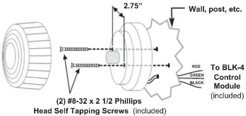 (2) #8-32 x 2 1/2 Phillips Head Self Tapping Screws (included) 2.75" Wall, post, etc. RED GREEN BLACK To BLK-4 Control Module (included)