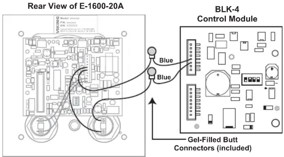 Rear View of E-1600-20A BLK-4 Control Module Model: xsource PIN: source SIN: XXXXXXX Tangtian Apparion, Inc. (W18035-580) BETI International S. R. (W 59919) Blue Blue Gel-Filled Butt Connectors (included)