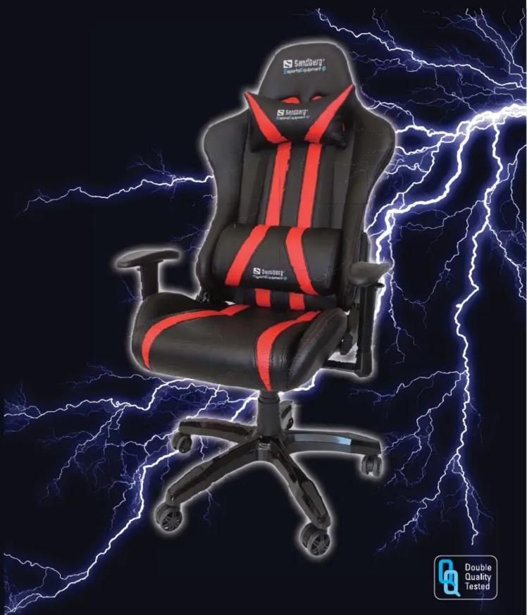 Black and red ergonomic office chair with lightning bolt background (no text or symbols on main subject)