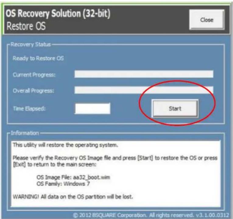 OS Recovery Solution (32-bit) Restore OS Close Recovery Status Ready to Restore OS Current Progress: Overall Progress: Time Elapsed: Start Information This utility will restore the operating system. Please verify the Recovery OS Image file and press [Start] to restore the OS or press [Exit] to return to the main screen: OS Image File: aa32_boot.wim OS Family: Windows 7 WARNING! All data on the OS partition will be lost. © 2012 BSQUARE Corporation. All rights reserved. v3.1.00.0312