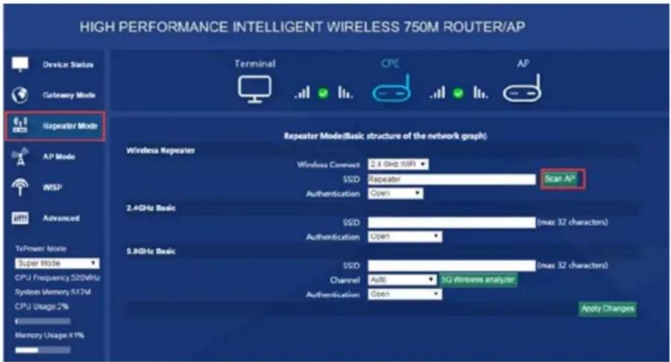 HIGH PERFORMANCE INTELLIGENT WIRELESS 750M ROUTER/AP Device Status Gateway Mode Repeater Mode AP Mode WISP Advanced TePower Mode Super Mode CPU Frequency 520MHz System Memory 512M CPU Usage 2% Memory Usage 4.1% Terminal CPC AP Repeater Mode (Basic structure of the network graph) Wireless Repeater Wireless Connect 2.8 GHz WiFi SSD Repeater Scan A° Authentication Open 2.4GHz Basic SSD (max 32 characters) Authentication Open 5.8GHz Basic SSD (max 32 characters) Channel Auto 3G Wireless analyzer Authentication Open Apply Changes