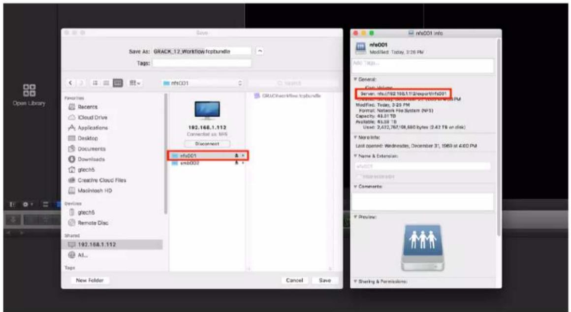 Save As: GRACK_12.Workflow/fcpbundle Tags: fns001 fns001 info Modified Today, 3:26 PM Info Tags... General: Case Volume Server: fns/162.160.1.17/2/export/fns001 Description: Setting, Data/Write, or Tools/Net Web PM Modified: Token, 3:29 PM Format: Network File System (NPS) Capacity: 48.01 TB Available: 48.38 TB Used: 2,432,767,98,680 bytes (3.43 TB en disk) None Info: Last opened: Wednesday, December 31, 1969 at 4:00 PM Name & Extension: New Folder Cancel Save Open Library Favorites Recents iCloud Drive Applications Desktop Documents Downloads glech5 Creative Cloud Files Masintosh HD Verfiles glech5 Remote Disc Shared 192.168.1.112 Alt... Tags New Folder GRACKbox files/fcpbundle 192.168.1.112 Connected as: NRS Disconnect fva001 emB002 Preview: