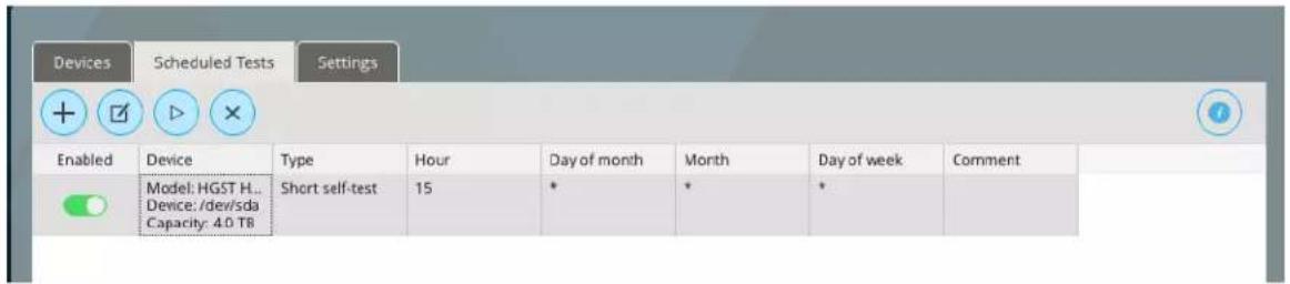 Devices Scheduled Tests Settings Enabled Device Type Hour Day of month Month Day of week Comment Model: HGST H... Device: /dew/sda Capacity: 4.0 TB Short self-test 15 * * * * *