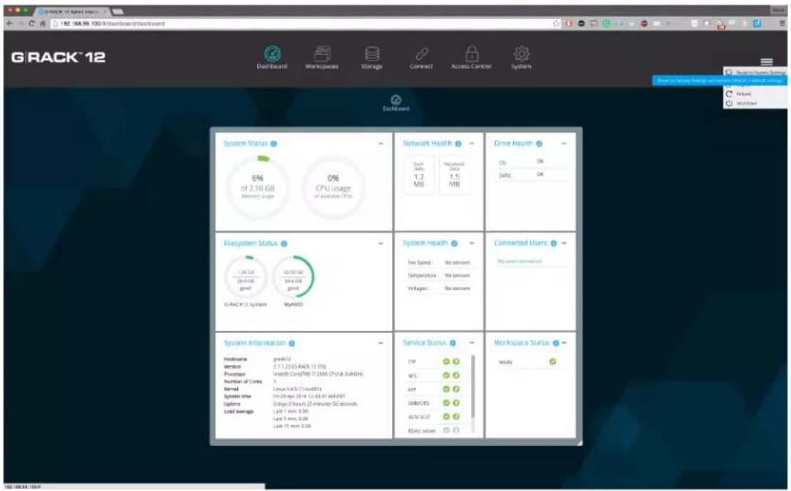 GIRACK 12 Data/Board Workspaces Storage Connect Access Control System DoNamd System Status 6% of 2.10 GB Memory usage 0% CPU usage of available ICPs Network Health Start Date: 1.2 MB Received Data: 1.5 MB Drive Health OK OK Data: OK Playsystem Status 1.30 GB 28-A-08 good 0.50 GB 54-A-08 good GIRACK 12 System MyAAD System Health Run Speed: No sensors Temperature: No sensor Voltage: No sensor Connected Users No user connected System Information Hostname gra#012 Server 2.1.1.2015-RADS-12 ON/ Processor Health Core(MB 7 (AMC CPU & SACHL) Number of Ceres 1 Named Linux KAS-11 Load014 Speed time PM 29 Apr 2014 12 Jan 01 and 02 PM Uptime Burge Churnt 25 minutes 50 seconds Load savings Last 1 year 0:00 Last 5 years 0:00 Last 15 years 0:00 Service Status FTP MS APP SUPPORTS RSW SCF KINS Server Workspace Status Media