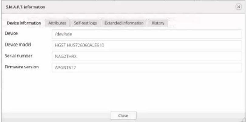 S.M.A.R.T. information Device information Attributes Self-test logs Extended information History Device /dev/sde Device model HGST HUS726060ALE610 Serial number NAG2THRX Firmware version APGNT517 Close