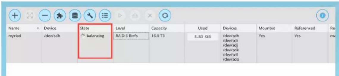 Name Device State Level Capacity Used Devices Mounted Referenced Re myriad /dev/sdh balancing RAID 6 Btrfs 16.0 TB 8.85 GB /dev/sdh Yes Yes mo /dev/sdi /dev/sdj /dev/sdk /dev/sdl /dev/sdo