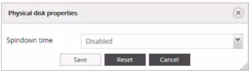 Physical disk properties Spindown time Disabled Save Reset Cancel
