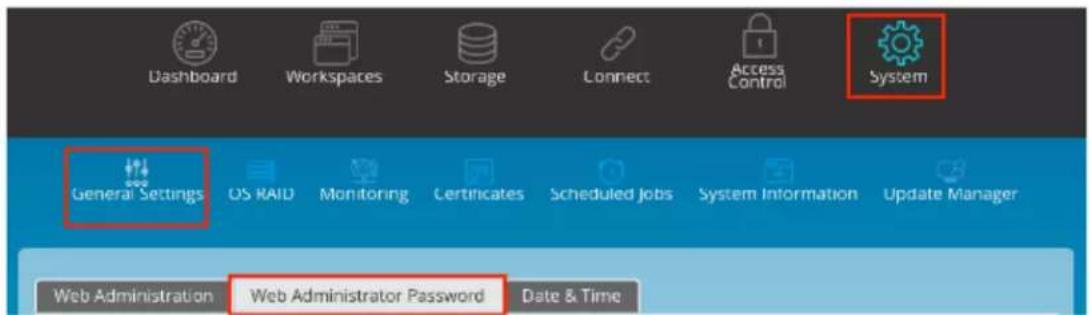 Dashboard Workspaces Storage Connect Access Control System General Settings OS RAID Monitoring Certificates Scheduled Jobs System Information Update Manager Web Administration Web Administrator Password Date & Time