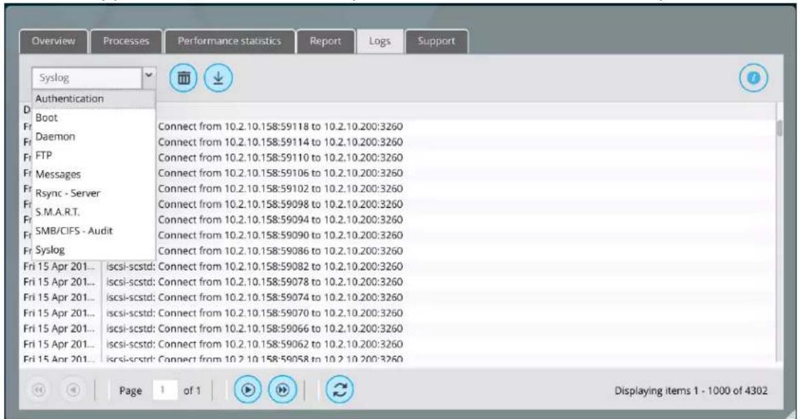 Overview Processes Performance statistics Report Logs Support Syslog Authentication Boot Fa Daemon FTP Ft Messages Fs Rsync - Server Fr S.M.A.R.T. Fr SMB/CIFS - Audit Fr Syslog Connect from 10.2.10.158:59118 to 10.2.10.200:3260 Connect from 10.2.10.158:59114 to 10.2.10.200:3260 Connect from 10.2.10.158:59110 to 10.2.10.200:3260 Connect from 10.2.10.158:59106 to 10.2.10.200:3260 Connect from 10.2.10.158:59102 to 10.2.10.200:3260 Connect from 10.2.10.158:59098 to 10.2.10.200:3260 Connect from 10.2.10.158:59094 to 10.2.10.200:3260 Connect from 10.2.10.158:59090 to 10.2.10.200:3260 Connect from 10.2.10.158:59086 to 10.2.10.200:3260 Fri 15 Apr 201... iscsi-scstd: Connect from 10.2.10.158:59082 to 10.2.10.200:3260 Fri 15 Apr 201... iscsi-scstd: Connect from 10.2.10.158:59078 to 10.2.10.200:3260 Fri 15 Apr 201... iscsi-scstd: Connect from 10.2.10.158:59074 to 10.2.10.200:3260 Fri 15 Apr 201... iscsi-scstd: Connect from 10.2.10.158:59070 to 10.2.10.200:3260 Fri 15 Apr 201... iscsi-scstd: Connect from 10.2.10.158:59066 to 10.2.10.200:3260 Fri 15 Apr 201... iscsi-scstd: Connect from 10.2.10.158:59062 to 10.2.10.200:3260 Fri 15 Apr 201... iscsi-scstd: Connect from 10.2.10.158:59058 to 10.2.10.200:3260 Page 1 of 1