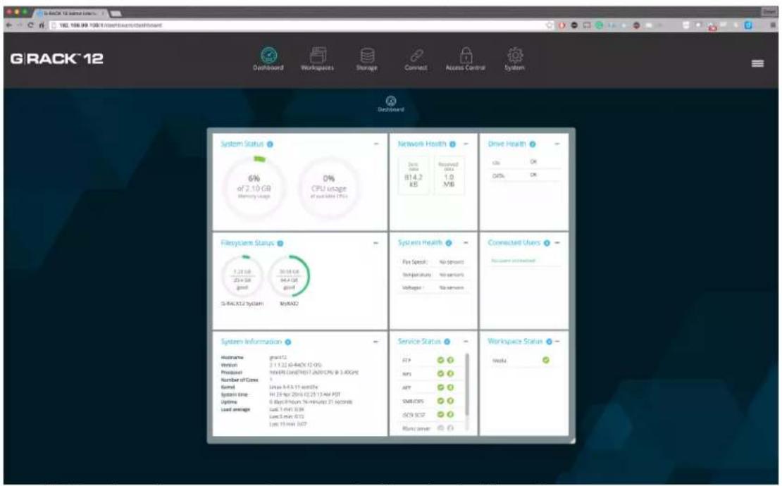 G-RACK 12 System 182.106.99 100% Internet access dashboard Dashboard Workspaces Storage Connect Access Control System System Status 6% of 2.10 GB Memory usage CPU usage of available PSUs Network Health Data Size B14.2 KB Received USB 1.0 MB Drive Health OK OK OKS OK FileSystem Status 1.25 GB/32+ GB good 30 GB/84+ GB good G-RACK 12 system KeyRACK System Health Fire Speed: No slowdown Intrap status: No seconds Voltage: No seconds Connected Users Accesses connected System Information Hostname grau ICS Version 2.1.1.22 (4-440X 12.0%) Product: Microsoft Core740PT (ADP/CPU @ 3.40GPs) Number of Cones 2. Model: Linear M-4.3.11 seconds System time: H: 29 Apr 2016 (2/25 13 AM PDT) Usage: 8 Bytes/Hours 76 MHz/put 21 seconds Load average: Gain 3 MHz 0.9% Loss 5 Mbps 0.0% Loss 15 Mbps 0.0% Service Status: FTP GPS APP SMS/CTS SOCS SCP Runx server: 0 Workspace Status: Media