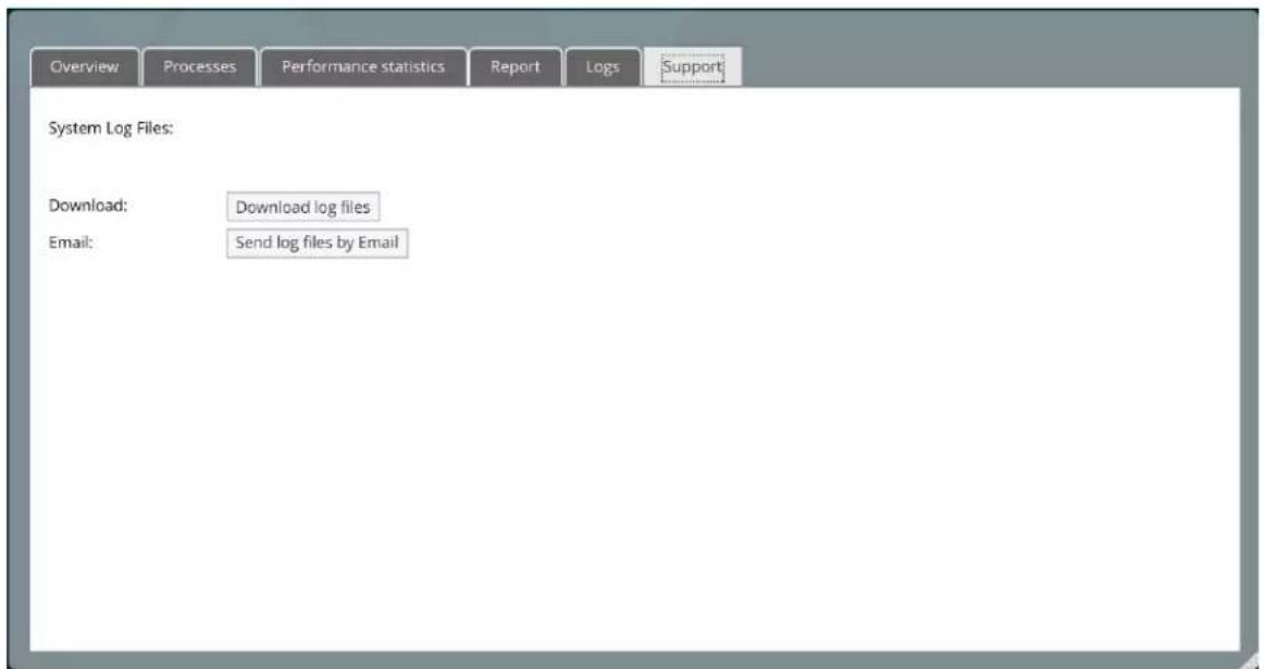 Overview Processes Performance statistics Report Logs Support System Log Files: Download: Download log files Email: Send log files by Email