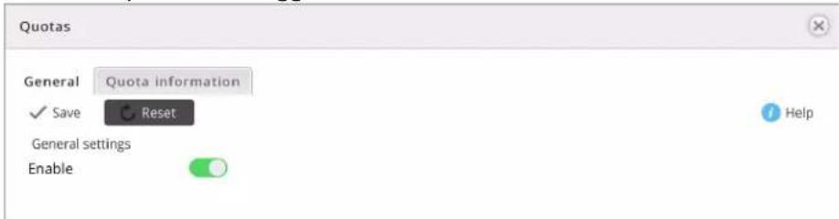Quotas General Quota information ✓ Save Reset General settings Enable