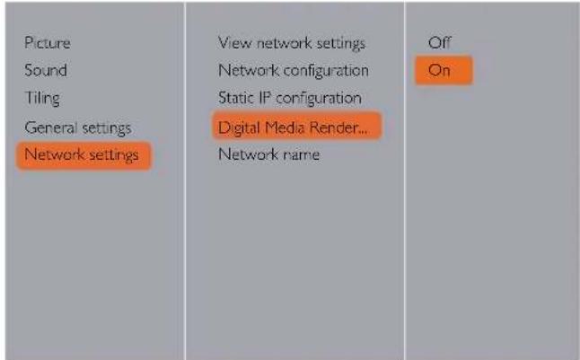 Picture Sound Tiling General settings Network settings View network settings Network configuration Static IP configuration Digital Media Render... Network name Off On