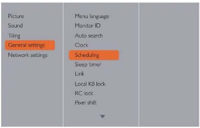 Picture Sound Tiling General settings Network settings Menu language Monitor ID Auto search Clock Scheduling Sleep timer Link Local KB lock RC lock Pixel shift