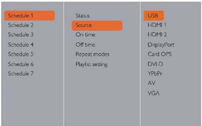 Schedule 1 Schedule 2 Schedule 3 Schedule 4 Schedule 5 Schedule 6 Schedule 7 Status Source On time Off time Repeat modes Playlist setting USB HDMI 1 HDMI 2 DisplayPort Card OPS DVI D YPbPr AV VGA