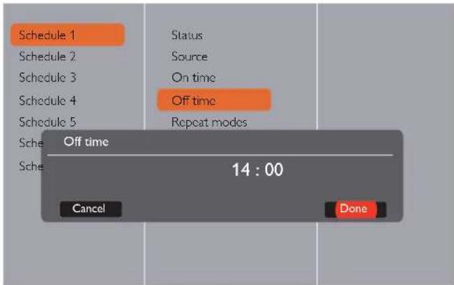 Schedule 1 Schedule 2 Schedule 3 Schedule 4 Schedule 5 Status Source On time Off time Repeat modes Schedule Off time 14 : 00 Cancel Done