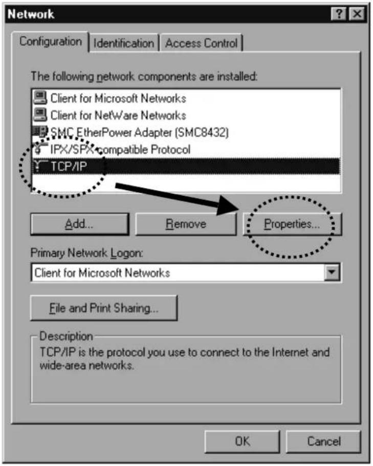 Network Configuration Identification Access Control The following network components are installed: Client for Microsoft Networks Client for NetWare Networks SMC EtherPower Adapter (SMC8432) IPX/SPX compatible Protocol TCP/IP Add... Remove Properties... Primary Network Logon: Client for Microsoft Networks File and Print Sharing... Description TCP/IP is the protocol you use to connect to the Internet and wide-area networks. OK Cancel