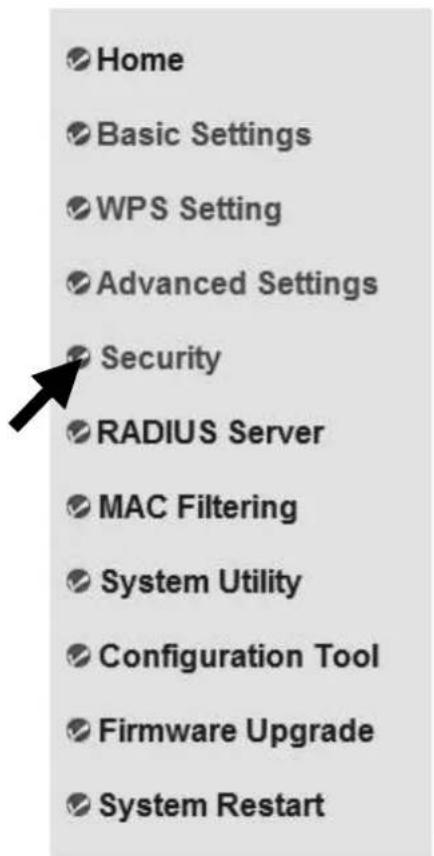 Home Basic Settings WPS Setting Advanced Settings Security RADIUS Server MAC Filtering System Utility Configuration Tool Firmware Upgrade System Restart