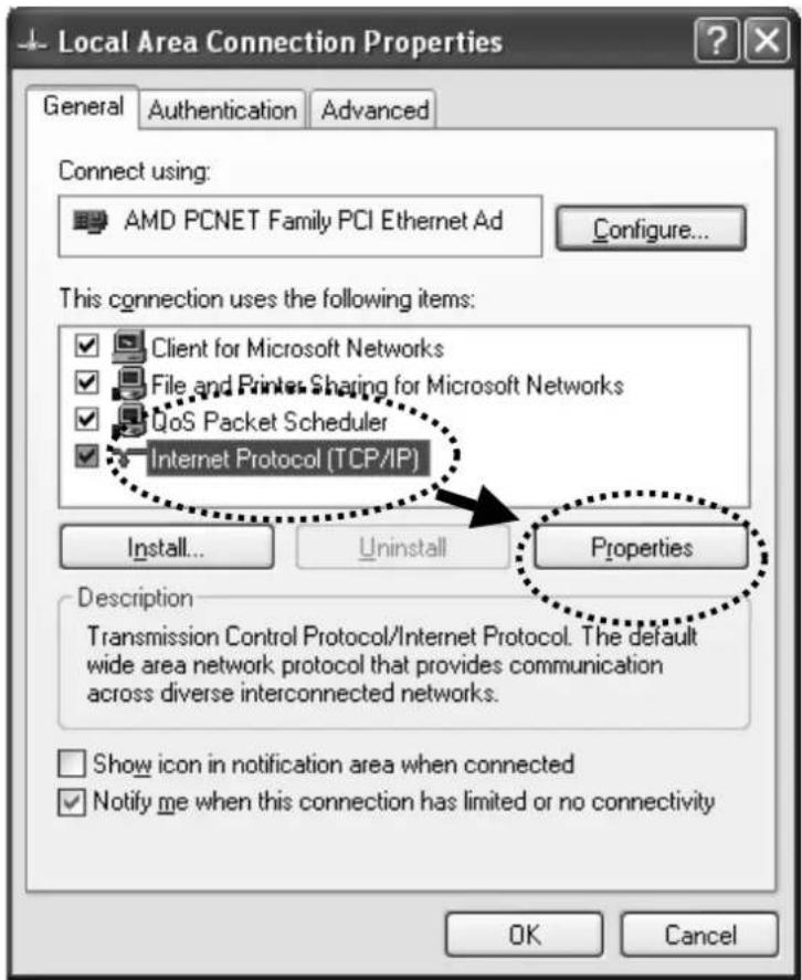 Local Area Connection Properties General Authentication Advanced Connect using: AMD PCNET Family PCI Ethernet Ad Configure... This connection uses the following items: ✓ Client for Microsoft Networks ✓ File and Printer Sharing for Microsoft Networks ✓ DoS Packet Scheduler ✓ Internet Protocol (TCP/IP) Install... Uninstall Properties Description Transmission Control Protocol/Internet Protocol. The default wide area network protocol that provides communication across diverse interconnected networks. Show icon in notification area when connected ✓ Notify me when this connection has limited or no connectivity OK Cancel