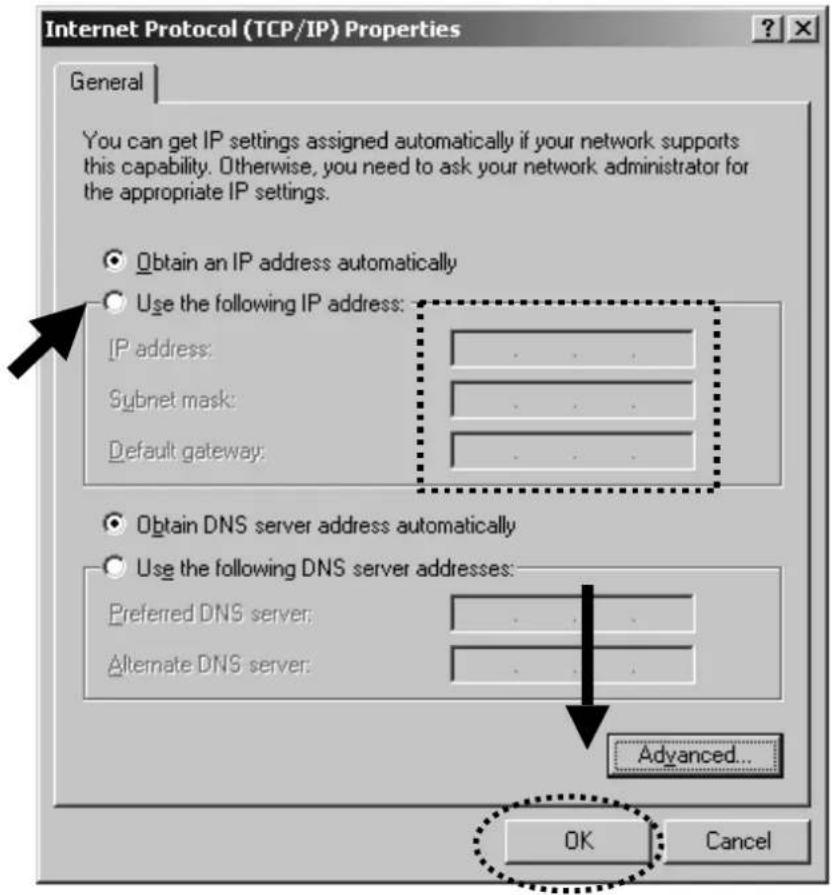 Internet Protocol (TCP/IP) Properties General You can get IP settings assigned automatically if your network supports this capability. Otherwise, you need to ask your network administrator for the appropriate IP settings. Obtain an IP address automatically Use the following IP address: IP address: Subnet mask: Default gateway: Obtain DNS server address automatically Use the following DNS server addresses: Preferred DNS server: Alternate DNS server: Advanced... OK Cancel