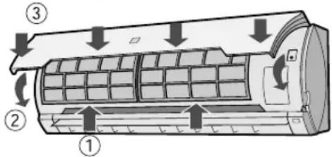 Diagram of a car air conditioner unit with numbered parts and airflow arrows indicating airflow direction