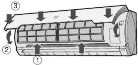 Diagram of an air conditioner unit with numbered parts and airflow arrows indicating airflow direction