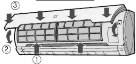 Diagram of an air conditioner unit with numbered parts and airflow arrows indicating airflow direction